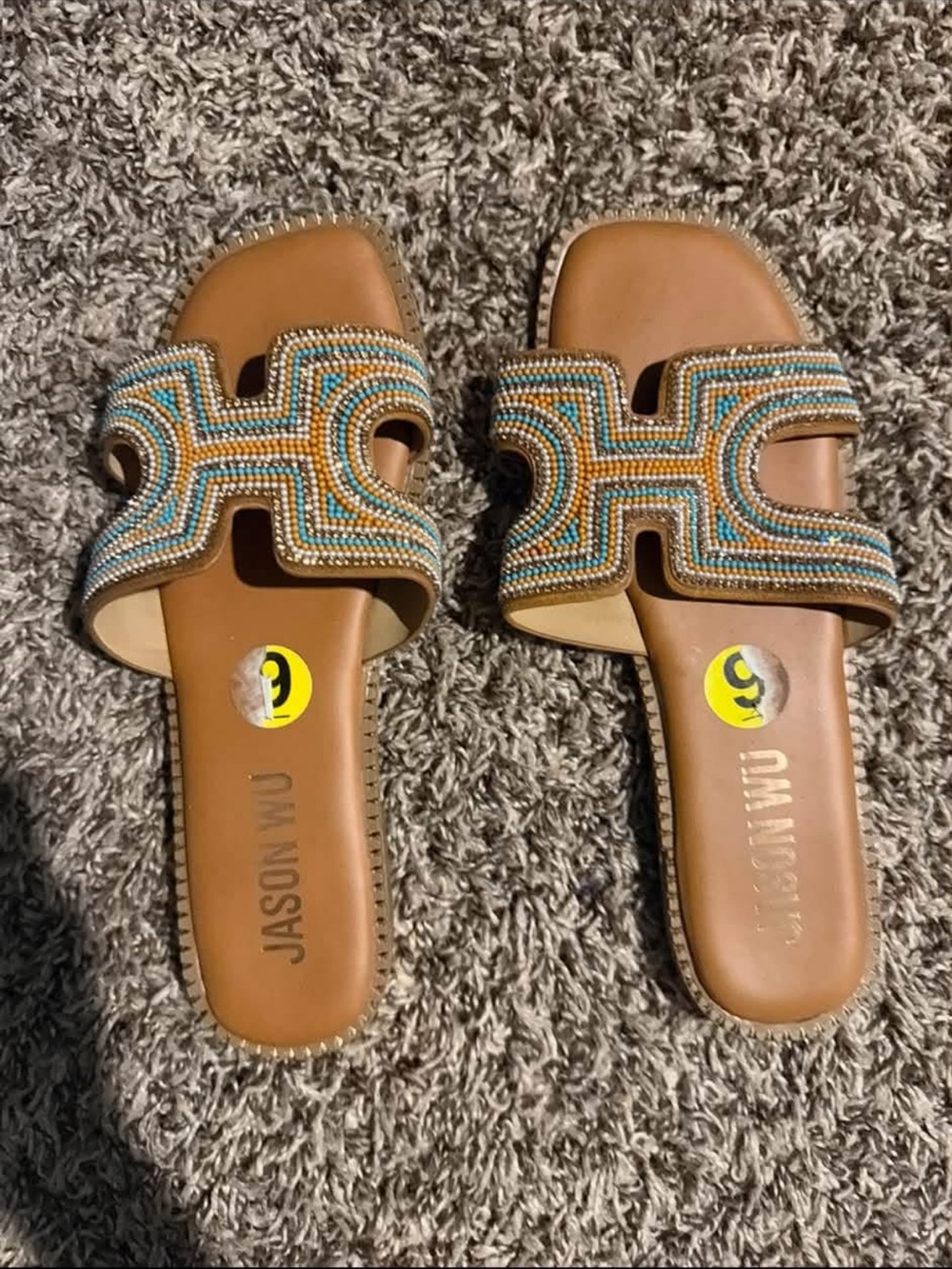 Jason Wu Tan Slide Sandals with Turquoise and Gold Beaded Straps
